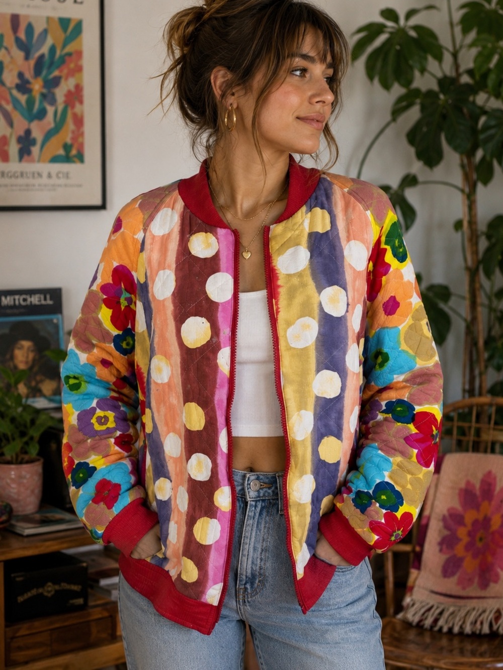 Jams World Vintage Rare Colorful Polka Dotted Quilted Bomber Jacket Free Size